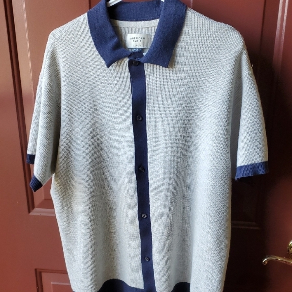 American Eagle Outfitters Gray and Navy Knit Polo Sweater - Picture 2 of 10
